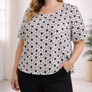Polagram Black White Floral Embroidered Lined Blouse Overlay Top